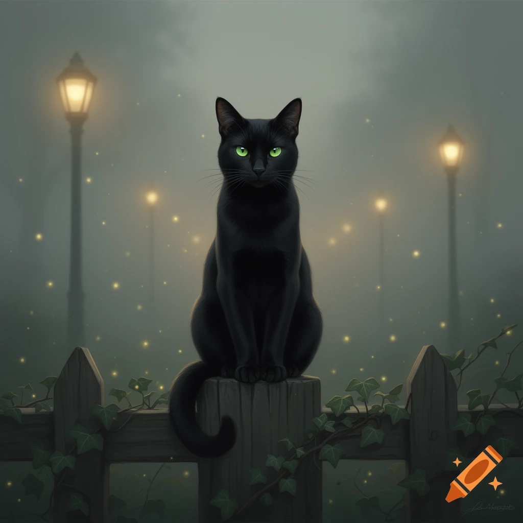 A sleek black cat with piercing green eyes sits atop a wooden fence ...