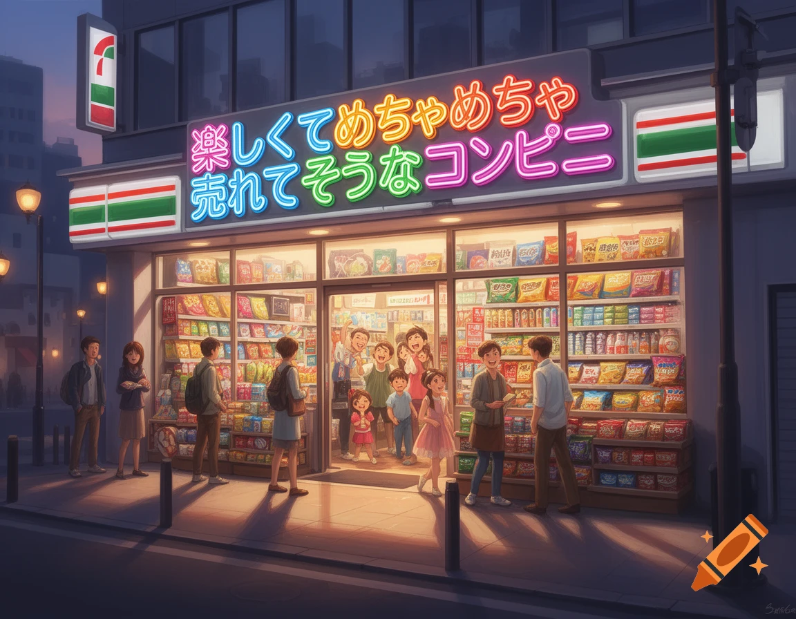 An anime-style street scene at dusk, featuring a brightly lit Japanese convenience store with a neon sign that says "A fun and super popular convenience store". Several people are outside and inside the store.
