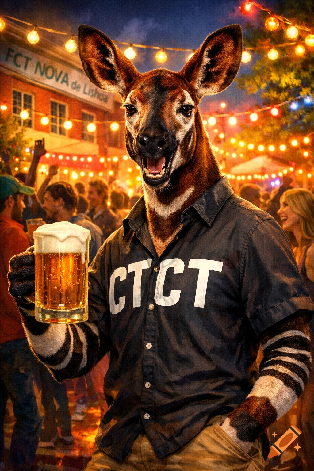 A photorealistic anthropomorphic Okapi holding a beer mug, smiling at a lively outdoor university party under string lights.