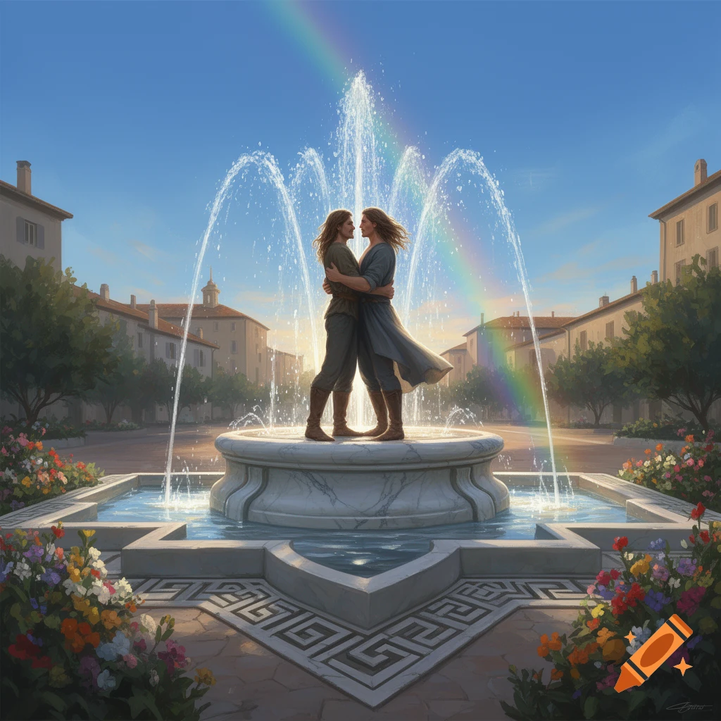 Two long-haired men embrace atop a fountain in a sunlit town square, with a rainbow arc and colorful flowers.