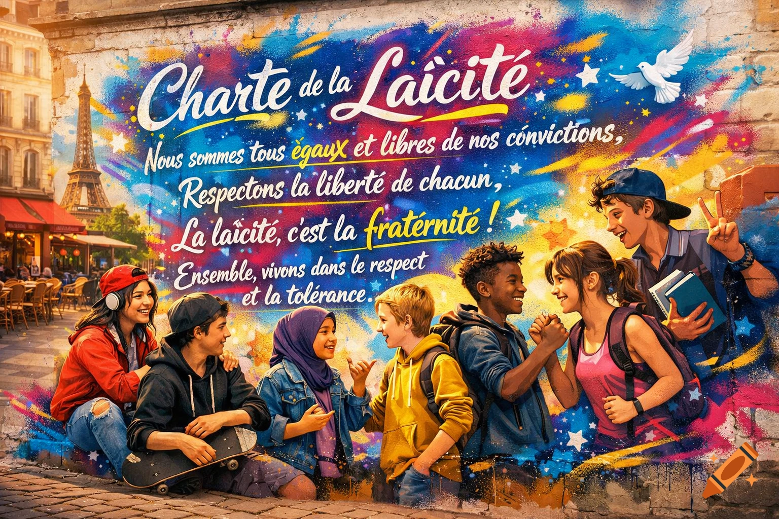 A vibrant mural in Paris depicts a diverse group of smiling teenagers with a message about laïcité, equality, respect, and tolerance.