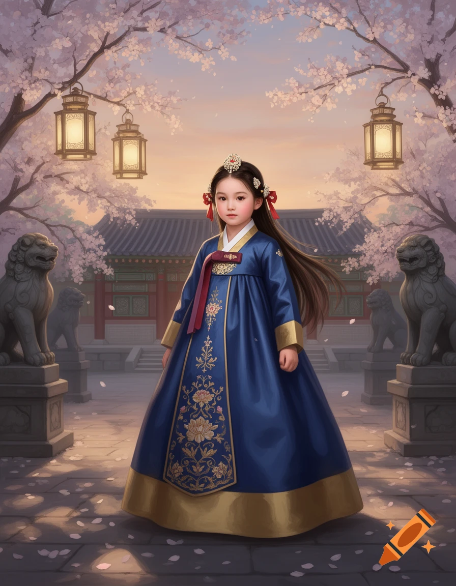 A young girl in a blue and gold traditional Korean hanbok stands in a courtyard with cherry blossoms, lanterns, and stone lions.