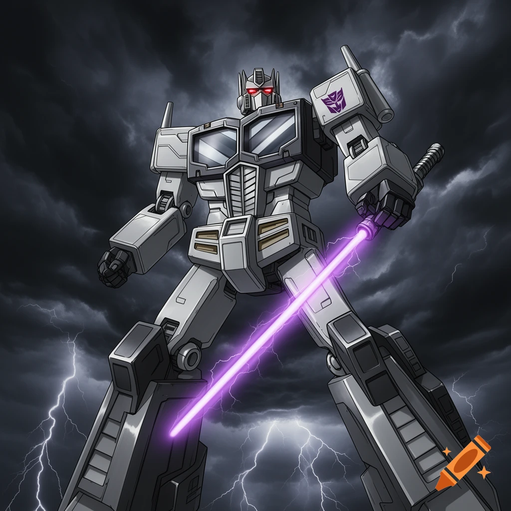 A grey and black robot with red eyes, resembling Optimus Prime, holds a purple lightsaber against a stormy, lightning-filled sky.