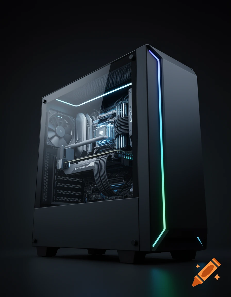 Sleek black PC case with a glass panel, showcasing internal components with blue and green RGB lighting.