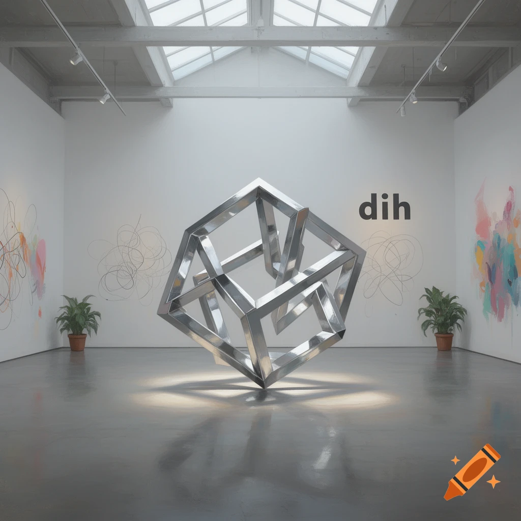 A minimalist art gallery with a large, shiny metal geometric sculpture, abstract wall art, and the text 'dih' on a white wall.