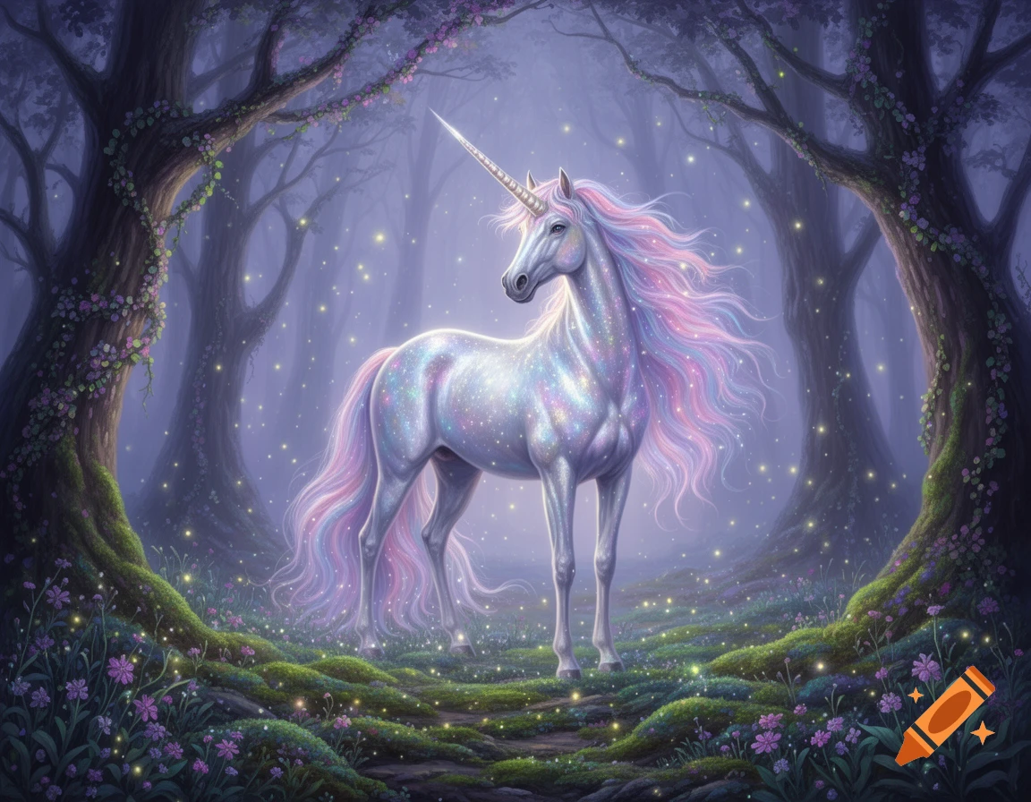 A shimmering unicorn with a rainbow mane and tail stands in an ethereal, glowing fantasy forest with mossy trees and purple flowers.