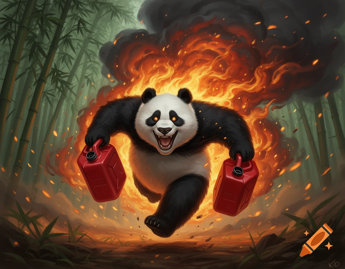 A cartoon panda with glowing eyes laughs maniacally, running from an ...