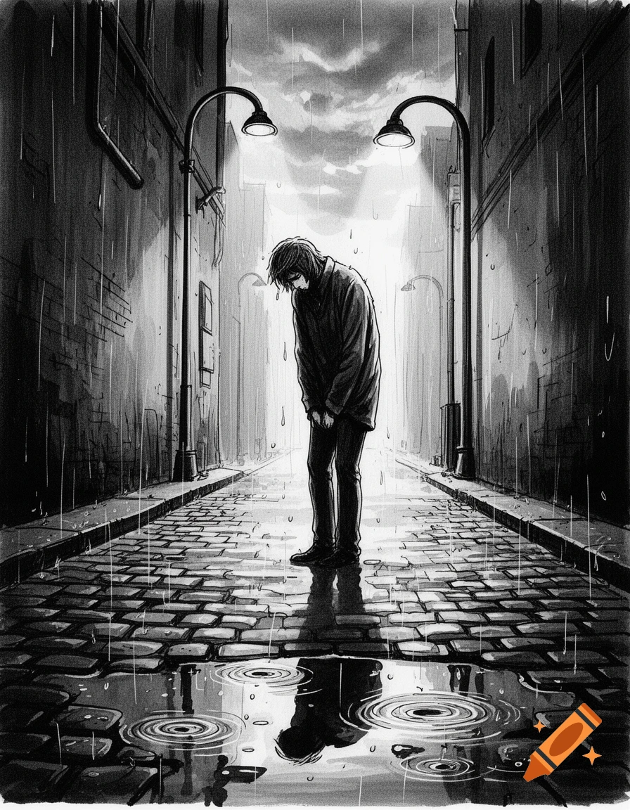 A lone figure stands dejectedly in a dark, rainy alley, reflecting in puddles on the cobblestone street, in a monochrome ink drawing style.