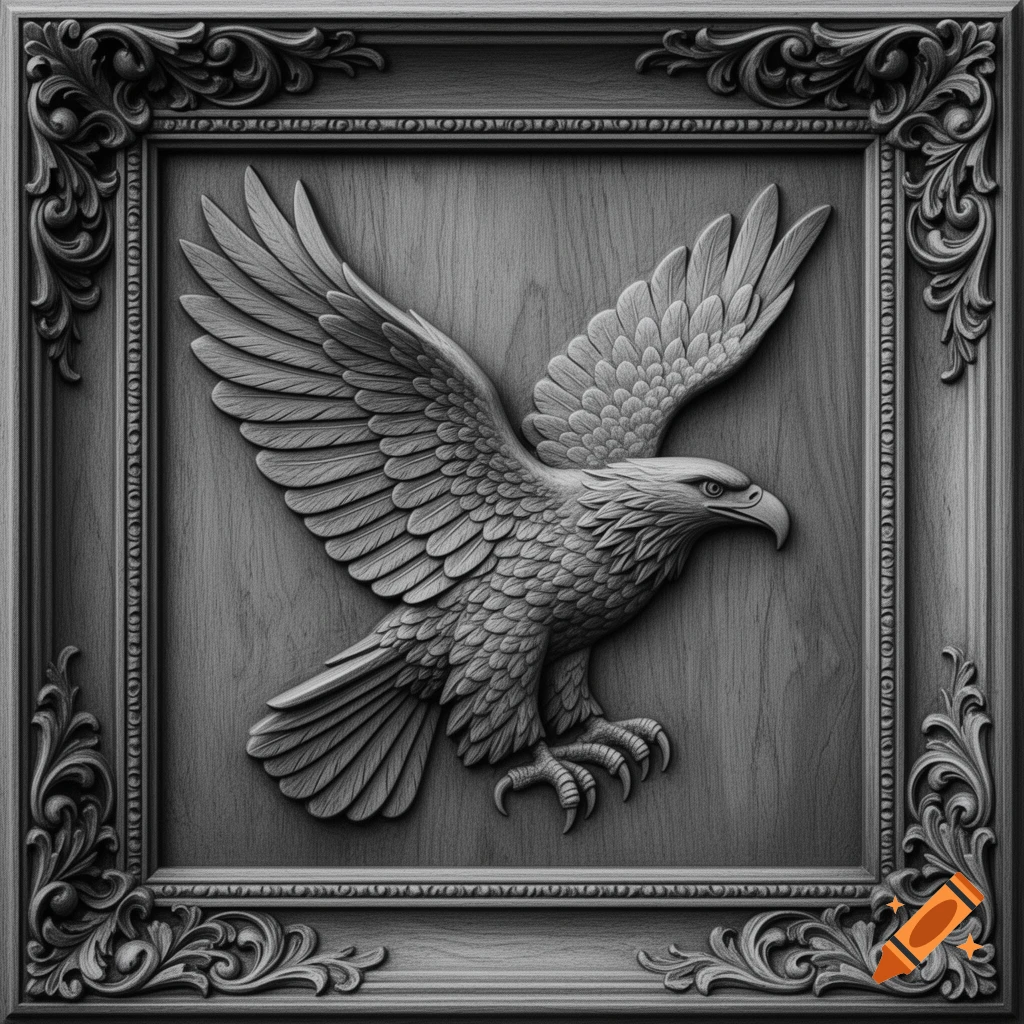 Grayscale bas-relief wood carving of an eagle with spread wings, set within an ornate decorative frame.