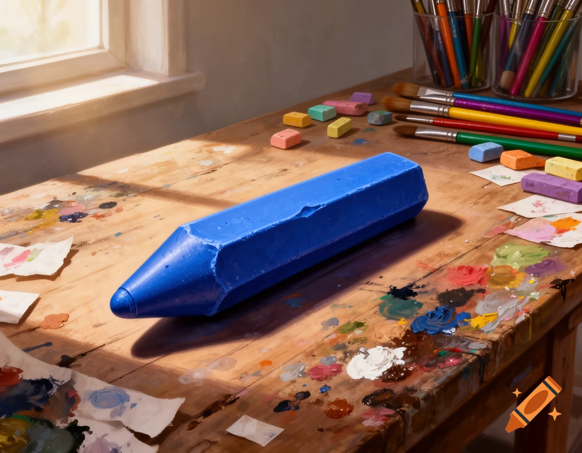 A large blue crayon on a paint-splattered wooden art desk with brushes, paint, and pastel blocks, lit by window light.