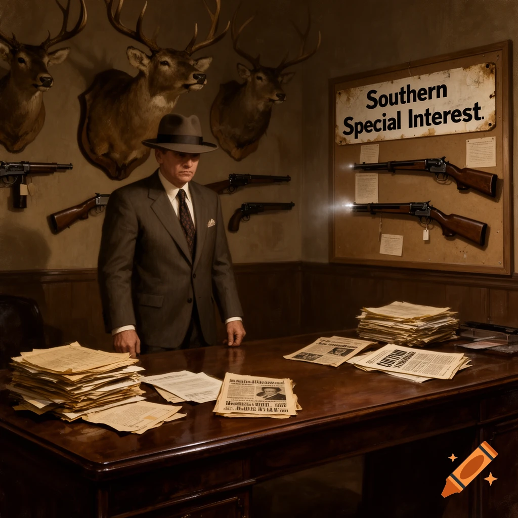 Man in a fedora and suit stands in a vintage office with taxidermy deer heads, rifles, pistols, and a desk piled with papers. A sign reads 'Southern Special Interest'.