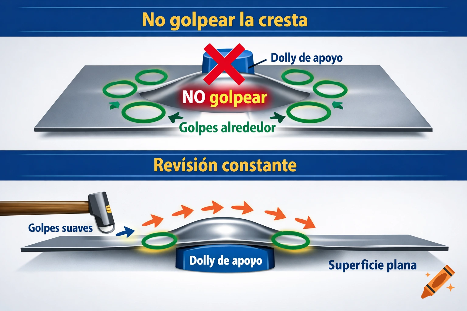 Instructional diagram showing how to repair a dent in sheet metal, illustrating proper hammering techniques around a dolly.