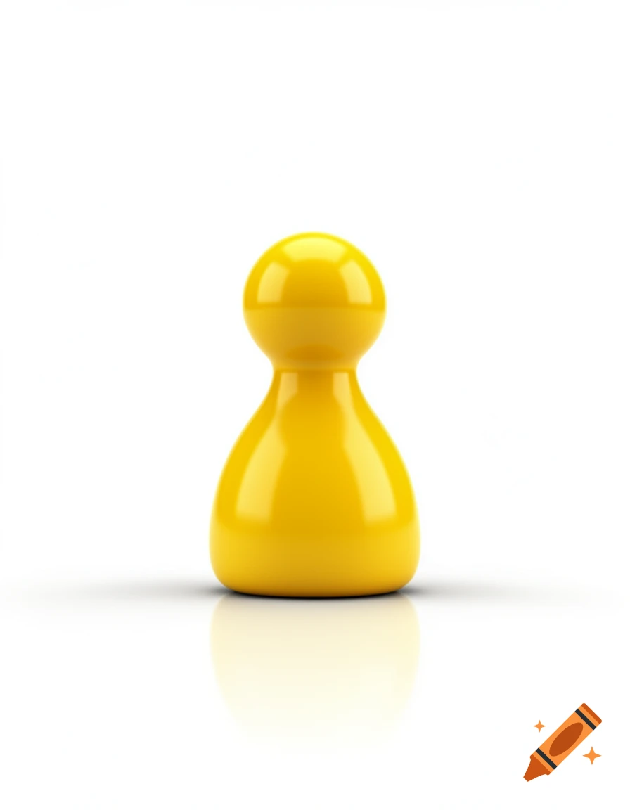 A shiny yellow game pawn, with a spherical top and a wider base, stands centered on a white surface with a reflection.