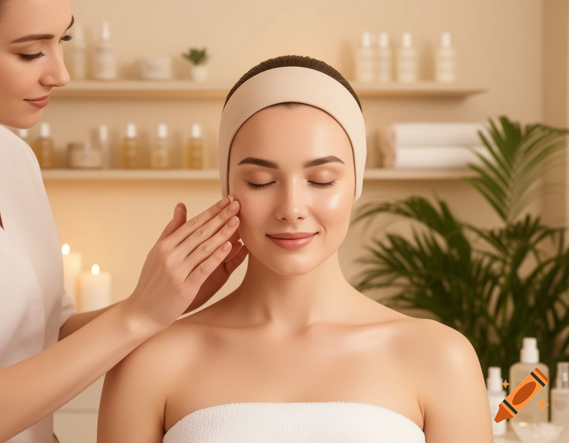 A woman with closed eyes and a headband receives a gentle facial massage from a cosmetologist in a bright, serene spa environment.
