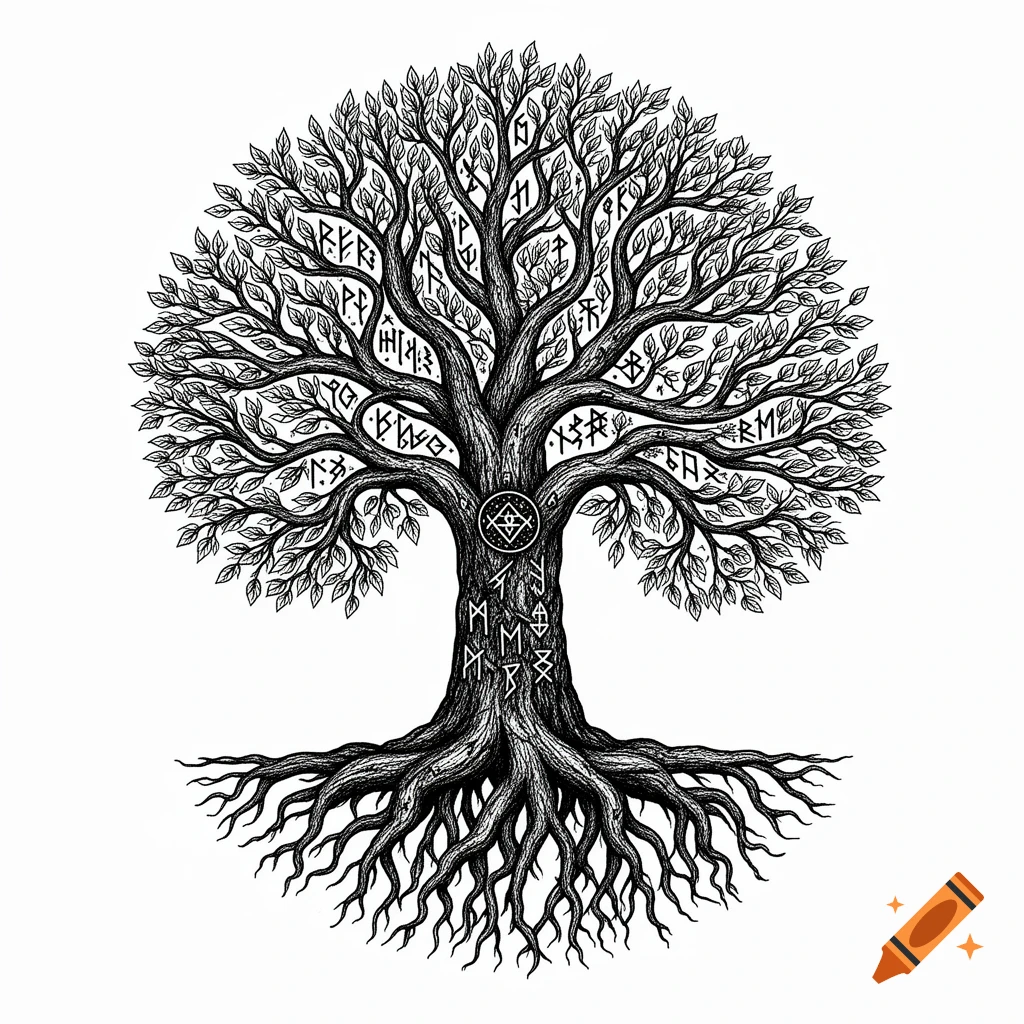 A detailed black and white pen-and-ink drawing of Yggdrasil, the world tree, with roots, branches, leaves, and various runic symbols etched into its trunk and limbs.