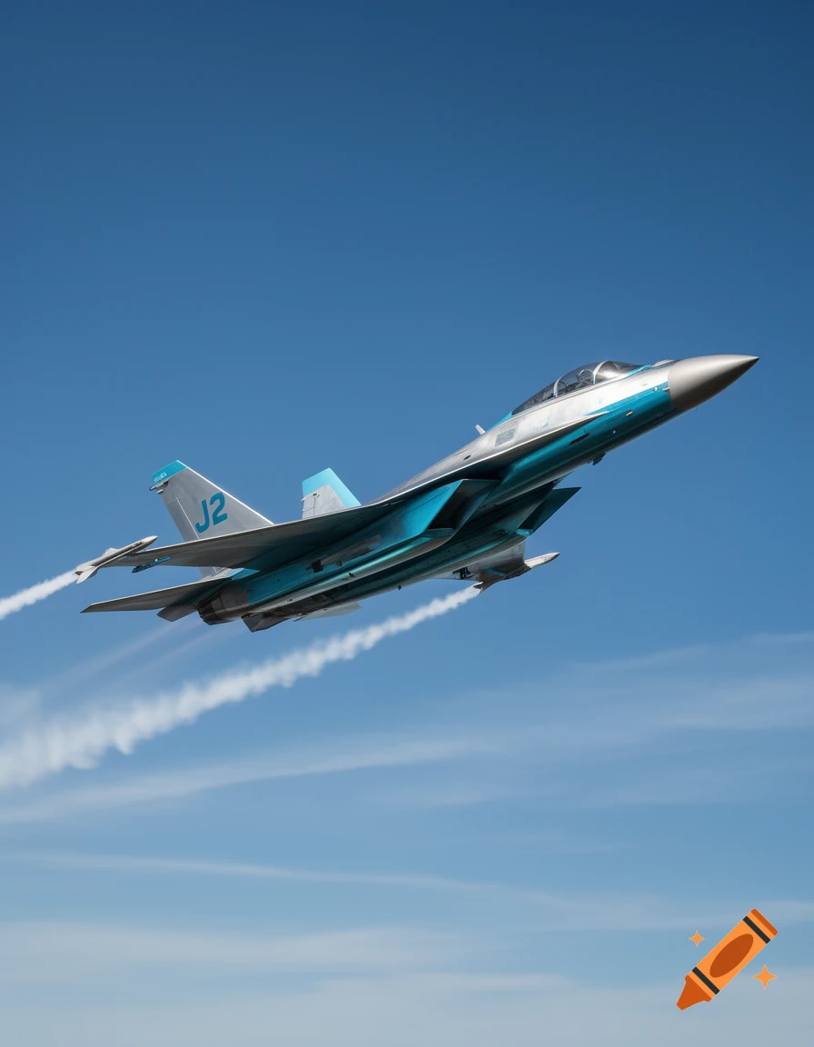 A modern blue and silver jet fighter with 'J2' on its tail, soaring through a clear blue sky, leaving white contrails.