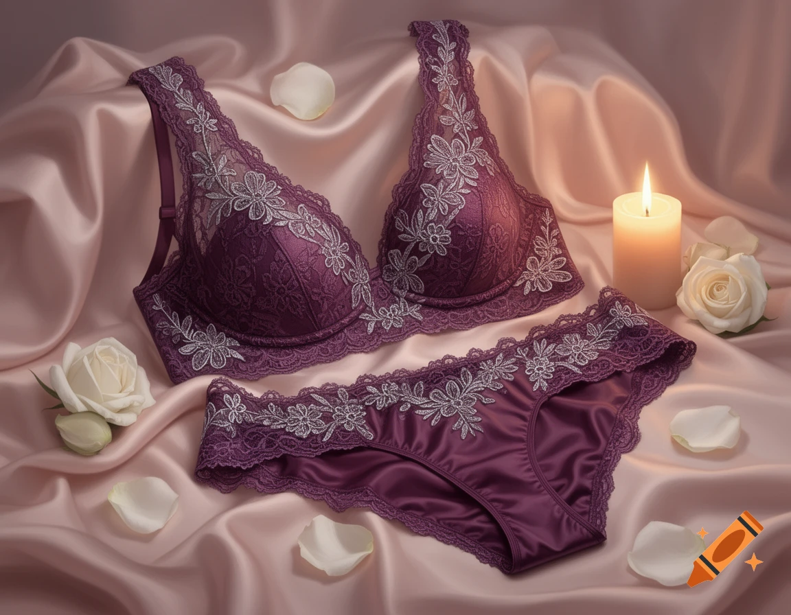 A dark purple lace bra and matching panties lie on a draped pink silk fabric, with white roses, petals, and a lit candle nearby, creating a romantic setting.