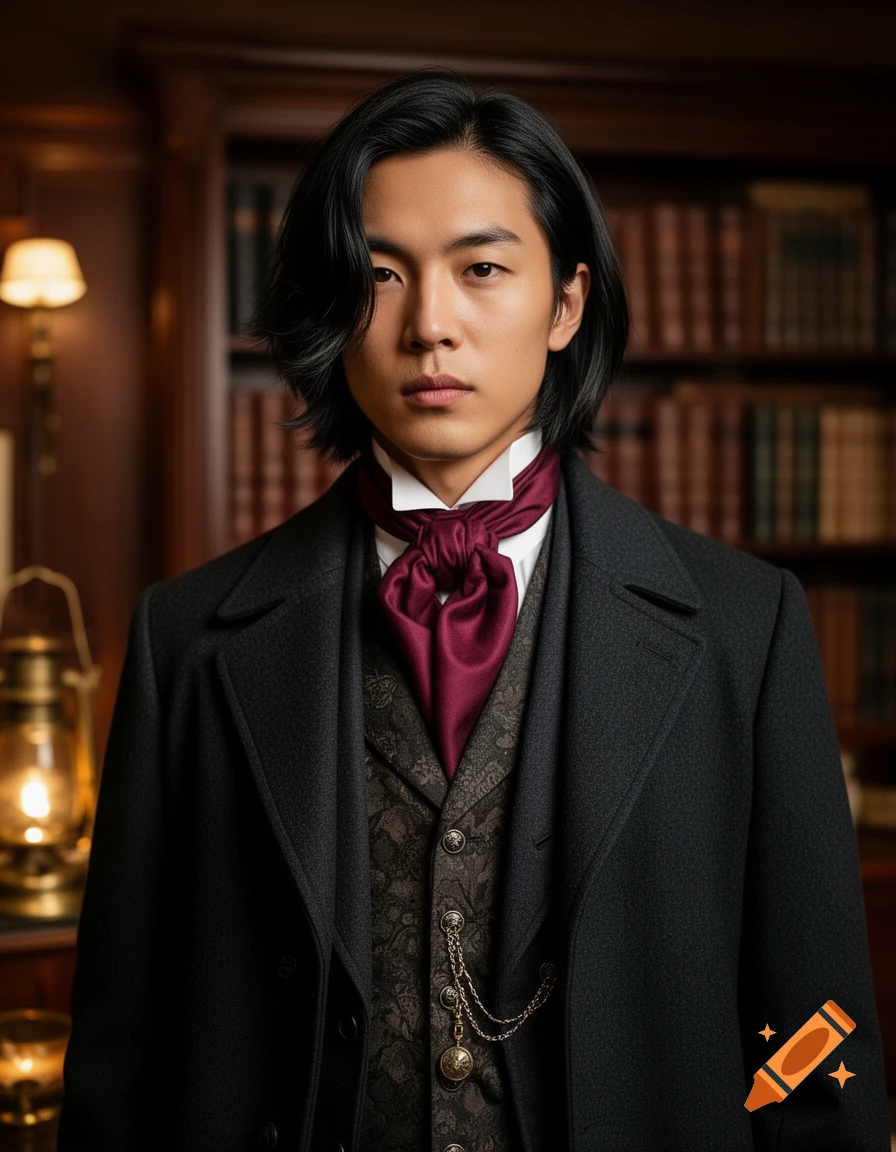 A young Asian man with shoulder-length black hair wears a dark Victorian suit with a cravat, standing in a library.