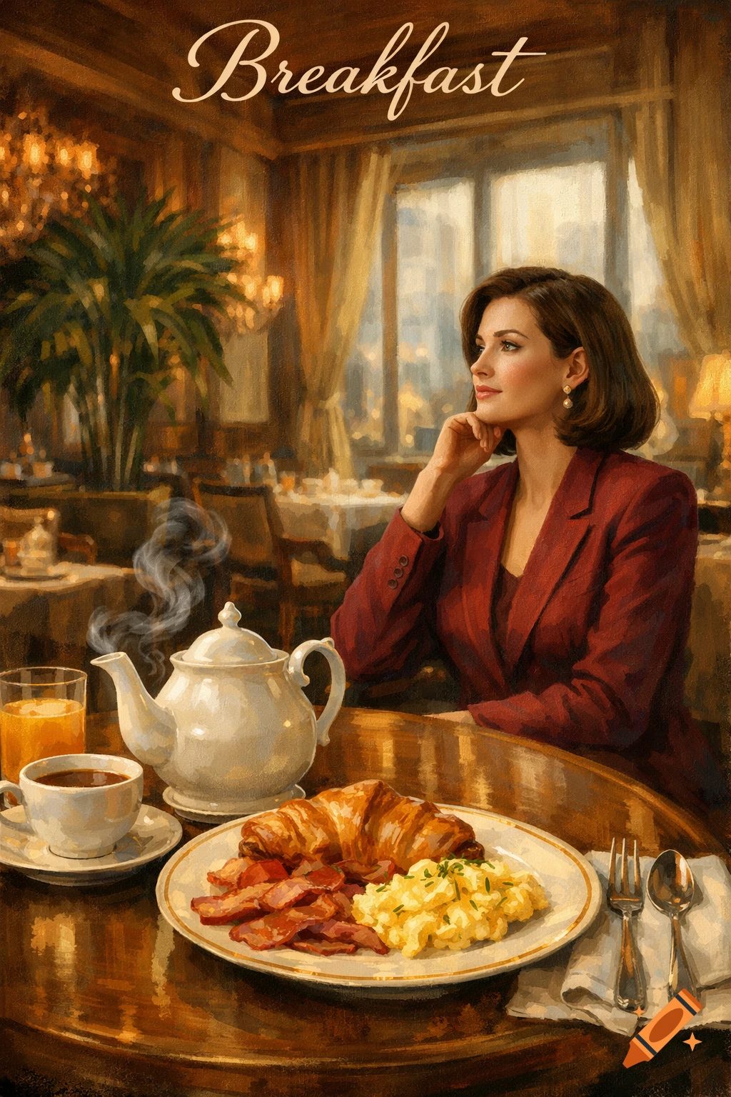 A painting of a woman in a red suit sitting at a table in a chic restaurant, looking out a window. A full breakfast with croissant, bacon, scrambled eggs, coffee, orange juice, and a teapot is on the table. The word "Breakfast" is written at the top.