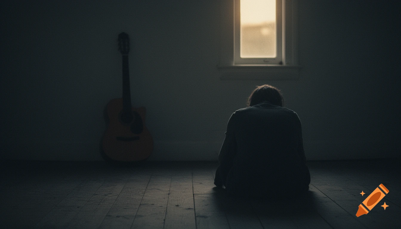 A person sits on a dark floor, back to camera, in a dimly lit room with a guitar and a window letting in warm light.