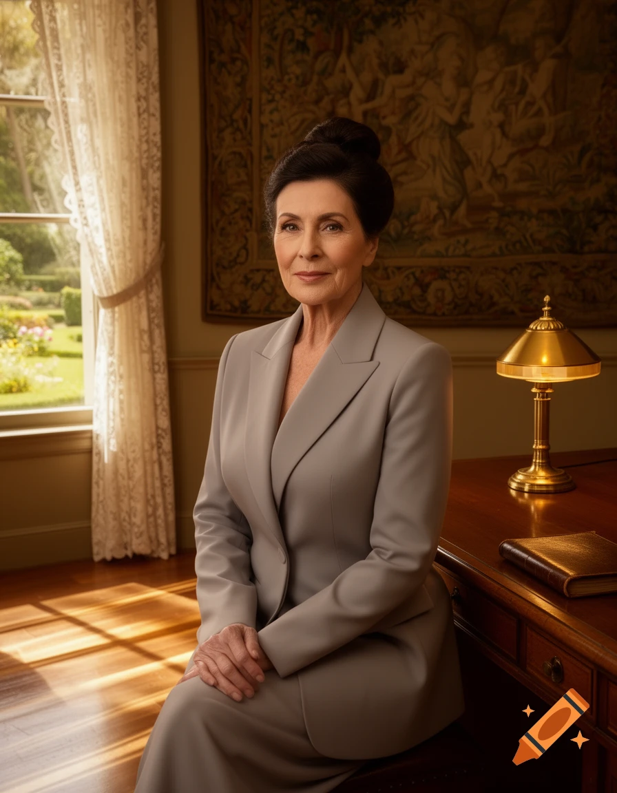 Photorealistic portrait of a woman in a grey suit, with dark hair in a bun, seated at a desk in an elegant room.