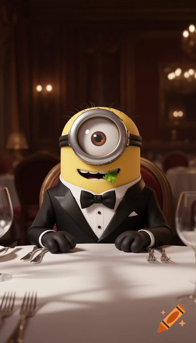 A Minion in a tuxedo sitting at a fancy restaurant table, smiling with a piece of lettuce in its teeth. High-quality 3D render.