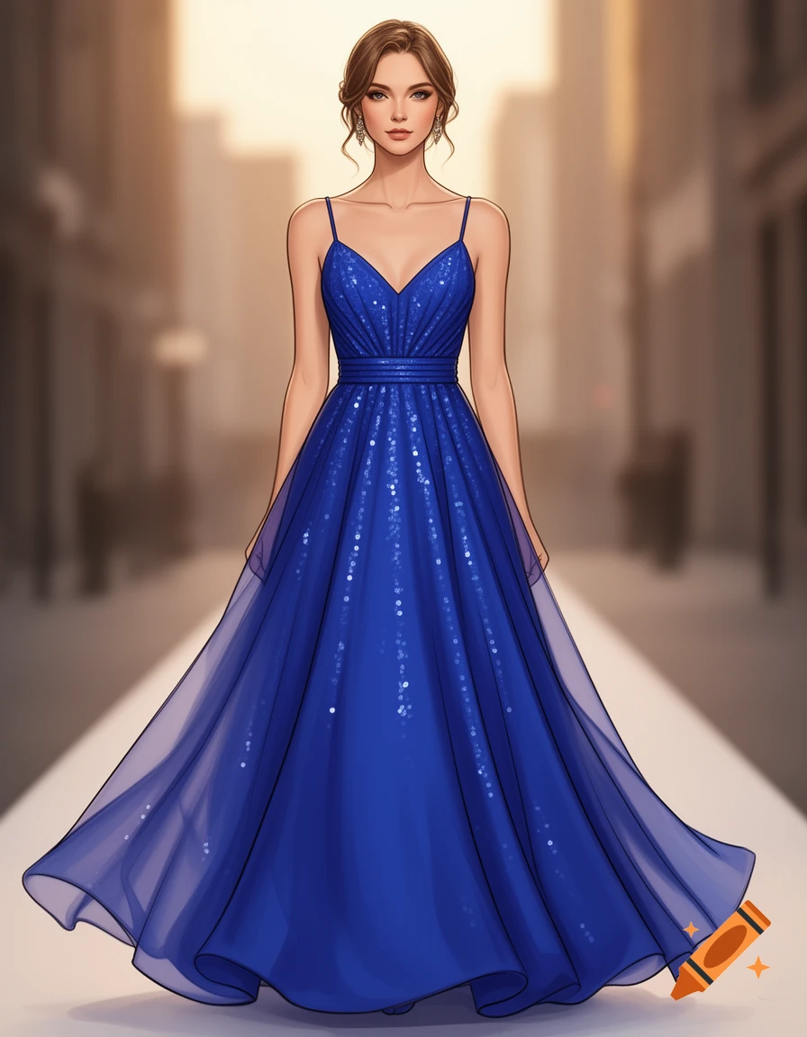 Anime-style illustration of a woman in a sparkling royal blue strapless flowing gown on a runway.
