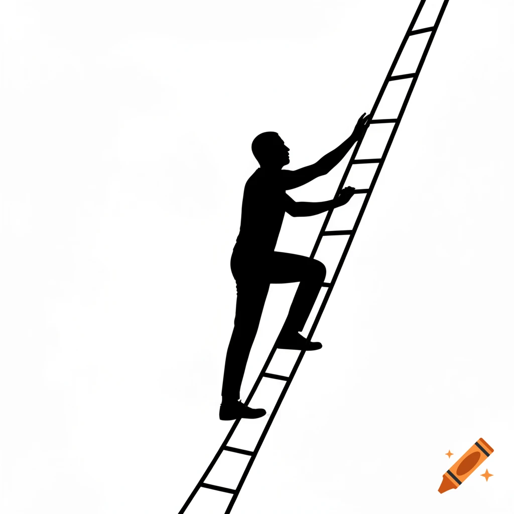 Solid black silhouette of a person climbing a ladder, isolated on a white background, minimalist style.