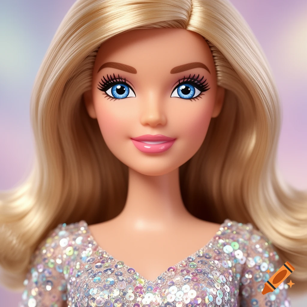 Close-up of a Barbie doll with long blonde hair, bright blue eyes, pink lips, and a sparkly sequined dress.