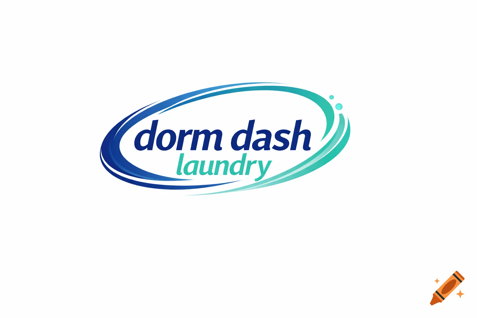 A brand logo for "dorm dash laundry" with blue and teal swirling lines around the text.