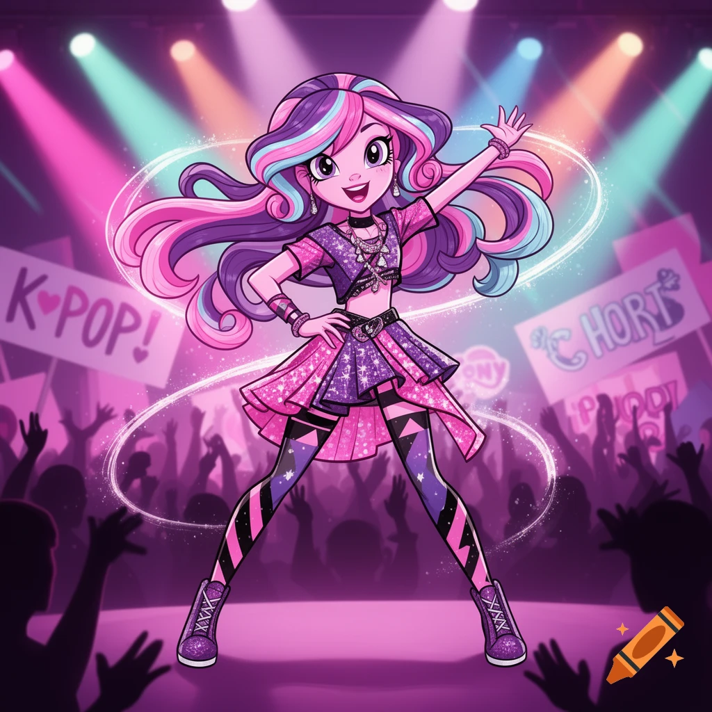 An anime-style girl with colorful hair in a sparkly K-pop stage outfit, posing under spotlights with a crowd of fans and K-POP signs.