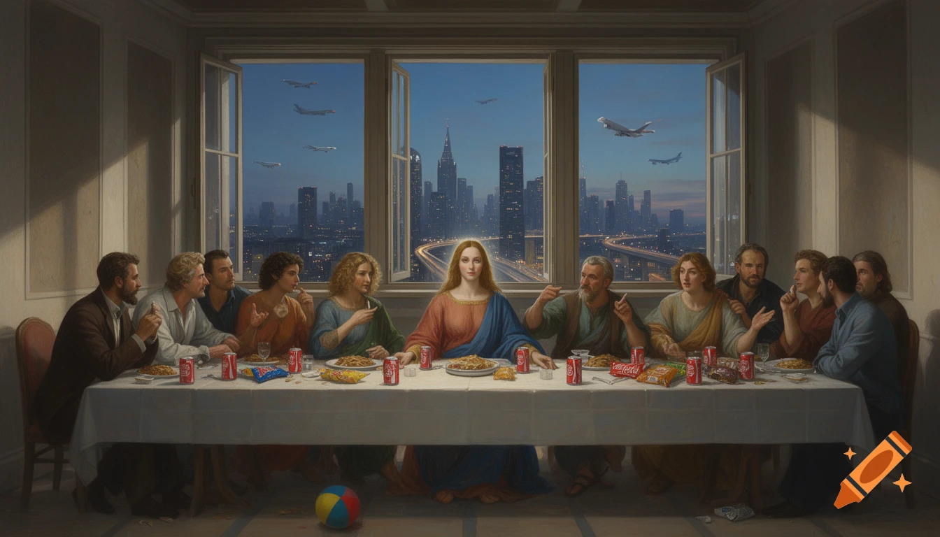 A modern rendition of The Last Supper, with a female Jesus and contemporary disciples sharing junk food and Coca-Cola, set against a window overlooking a bustling city skyline at dusk with planes flying overhead.