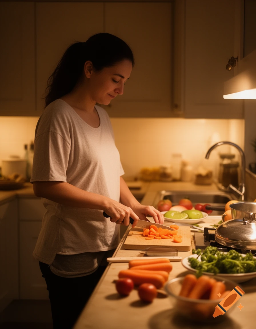 A woman chops carrots on a cutting board in a warm, dimly lit kitchen, surrounded by fresh vegetables.