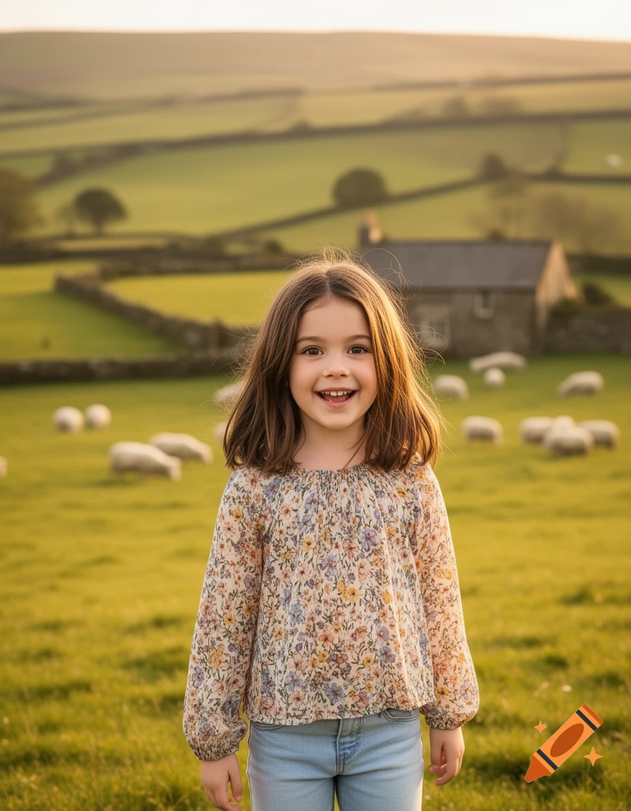 A smiling young girl with brown hair in a floral top and jeans stands in a sunny green field with sheep and a farmhouse.