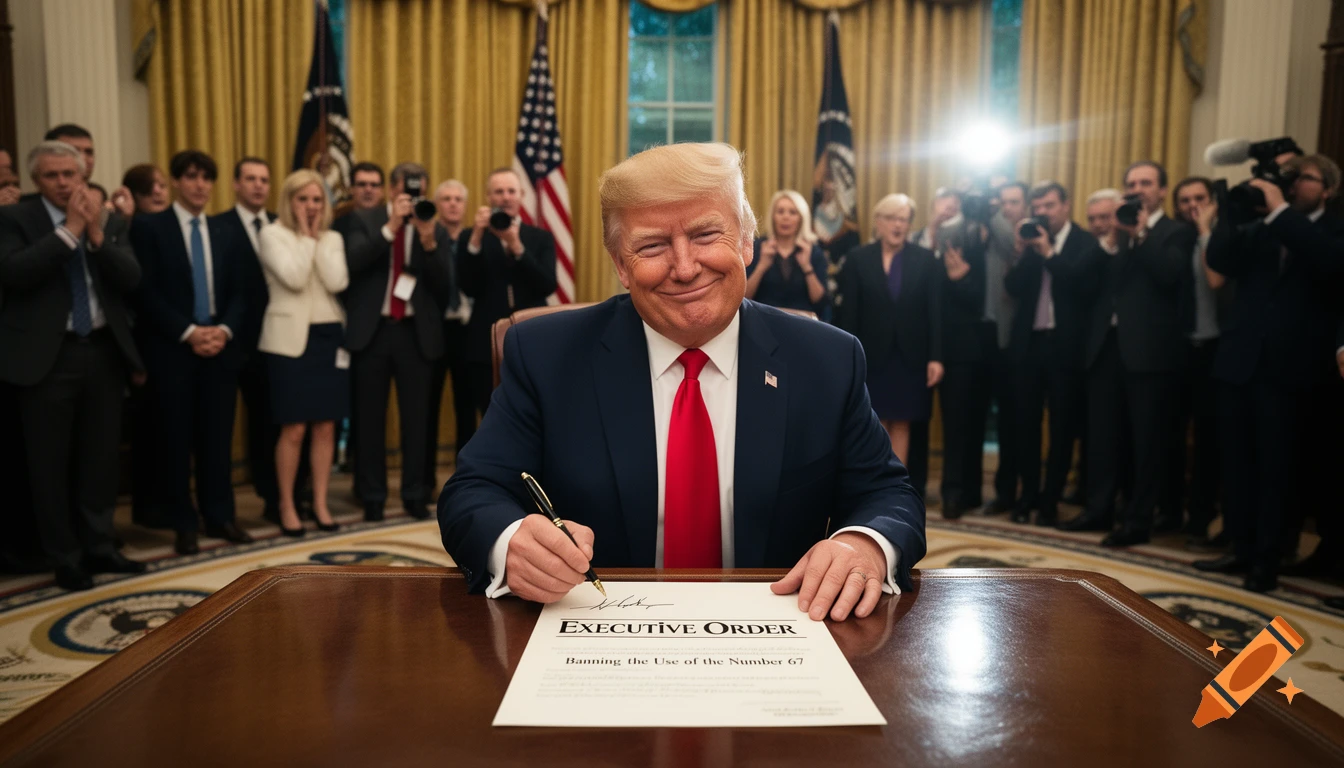 Photorealistic image of Donald Trump smiling while signing a satirical "Executive Order" at the Resolute Desk.