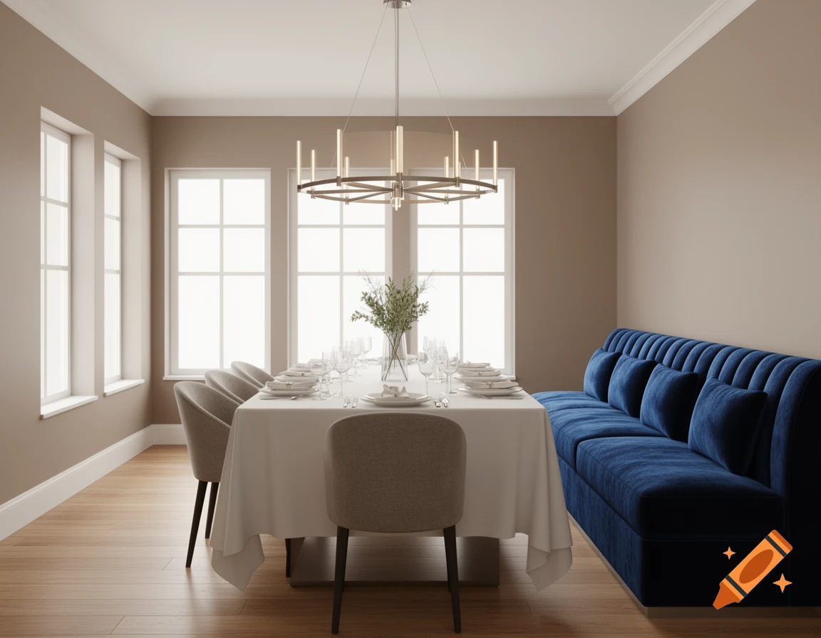 Photorealistic dining room with a long table, white tablecloth, gray chairs, blue velvet banquet sofa, and modern chandelier.