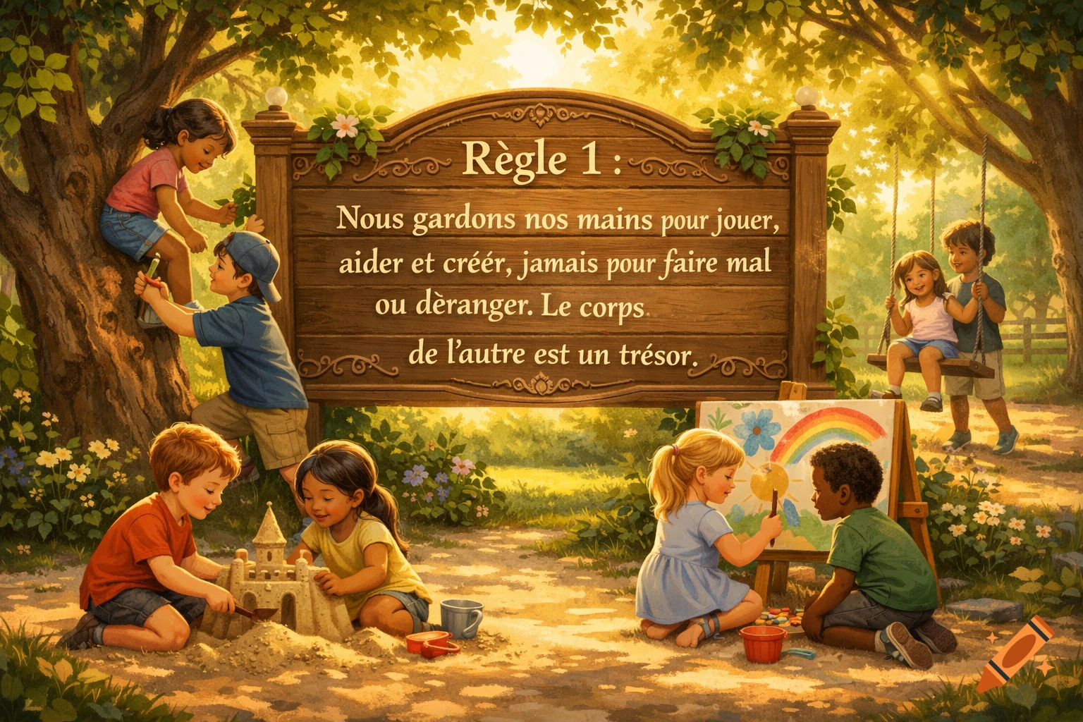 Illustrated scene of diverse children playing happily outdoors under sunny trees, with a wooden sign displaying a rule in French.