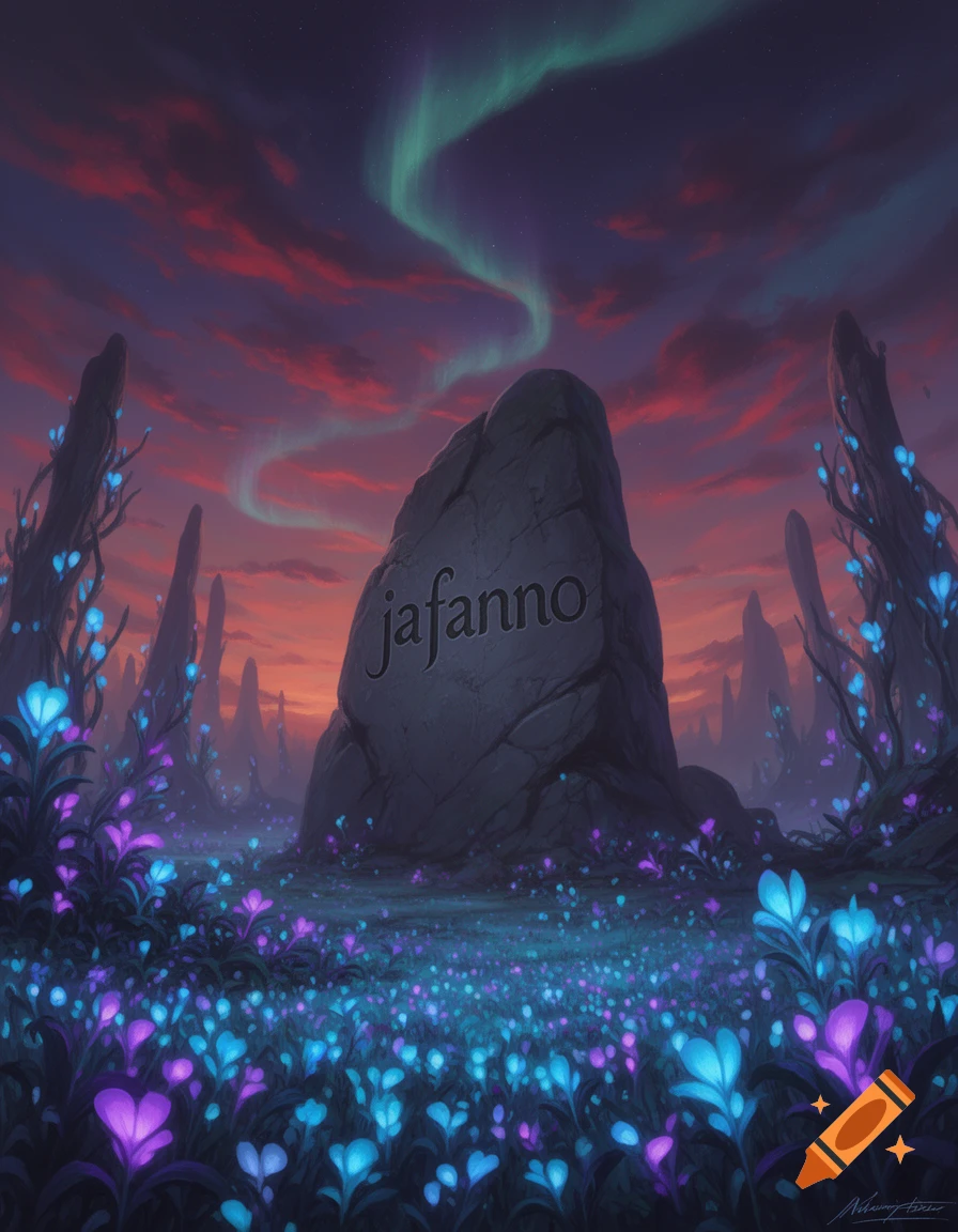 A large rock with "jafanno" engraved stands amidst a field of glowing blue and purple flowers under a sunset sky with a green aurora.
