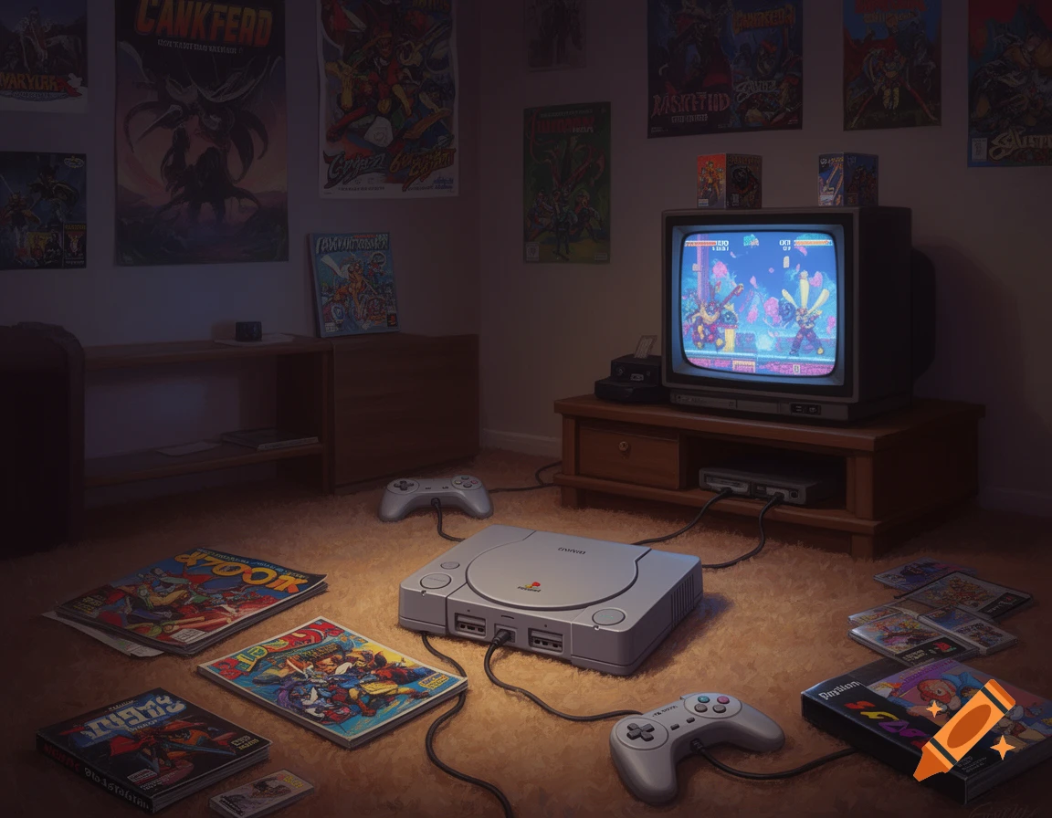 A dimly lit room featuring a PlayStation 1 console, controllers, game cases, and magazines on a shag carpet, with a CRT TV displaying a pixel art fighting game. Posters adorn the walls.