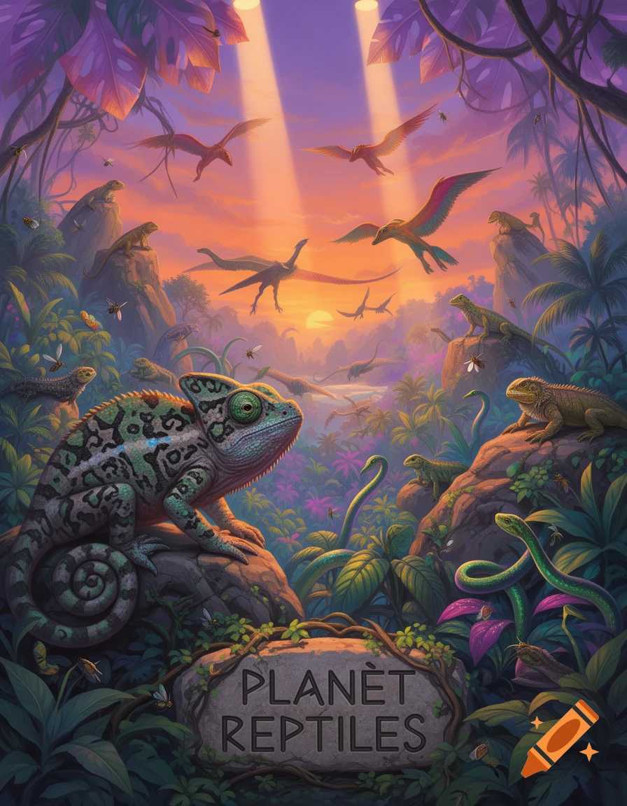 Vibrant fantasy illustration of a jungle with a chameleon, lizards, snakes, and flying pterosaurs under a sunset, 'PLANÈT REPTILES' text.