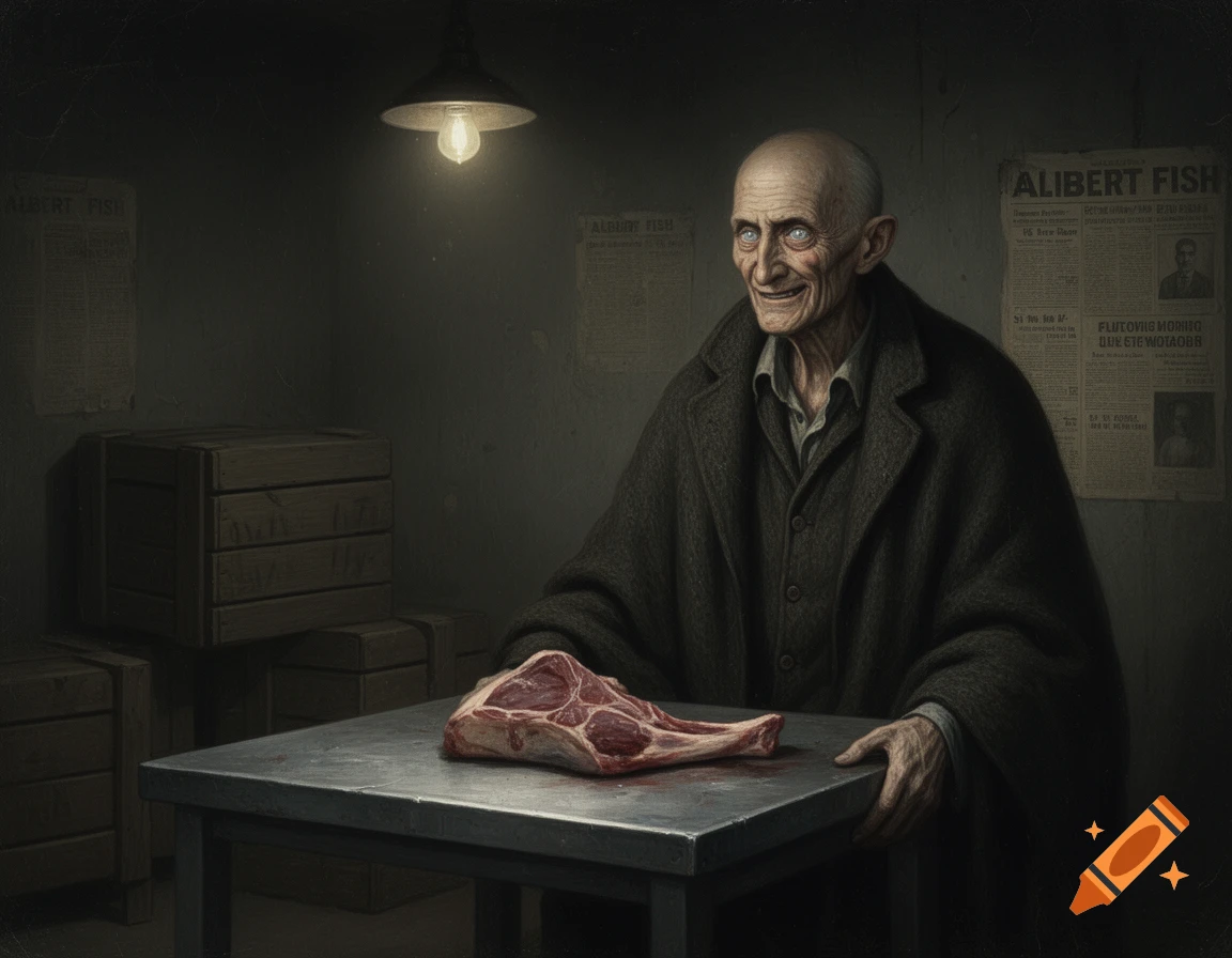 A creepy, bald old man with unsettling blue eyes smiles at the viewer, seated at a table with a raw cut of meat, in a dimly lit, grungy room with old posters on the walls.