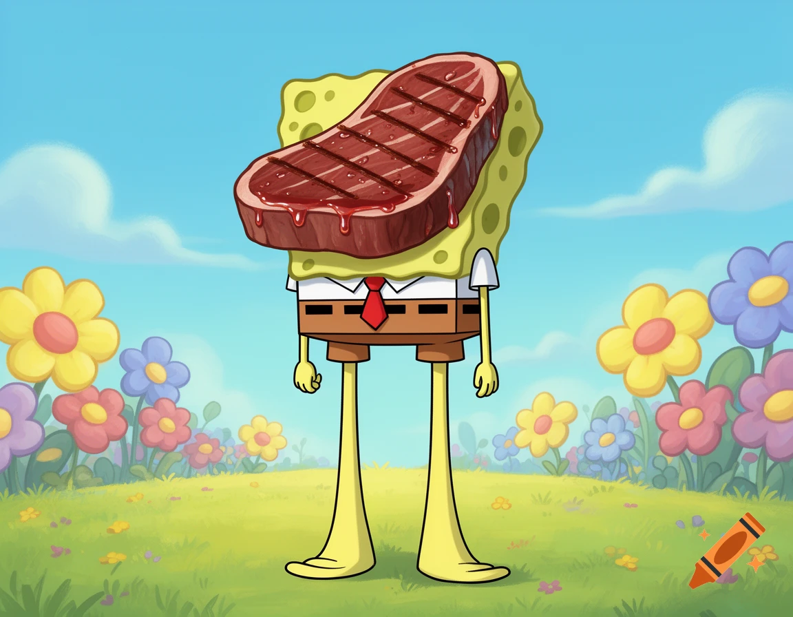 A cartoon character resembling SpongeBob has a grilled steak for a head, a small torso, and very long legs, standing in a flowery field.