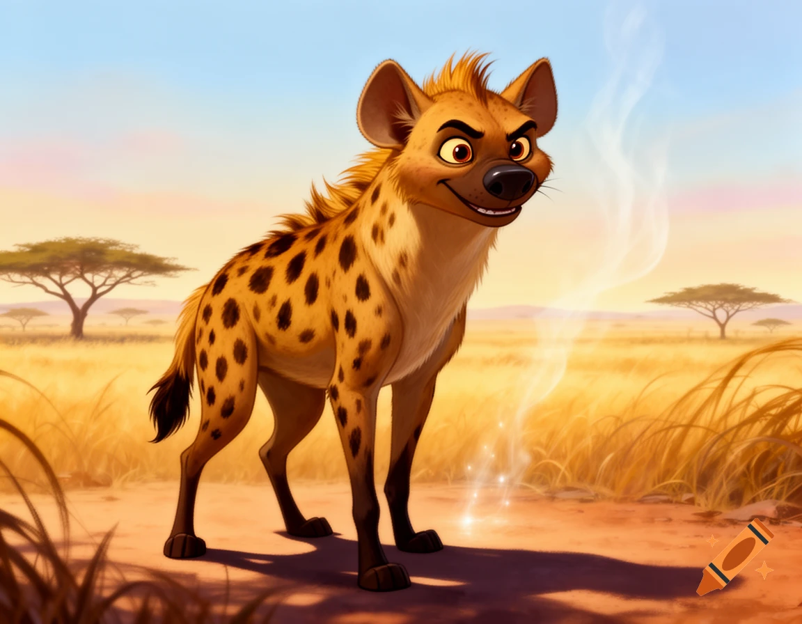 A cartoon hyena with a mischievous smile stands in a golden savanna with acacia trees under a sunset sky.
