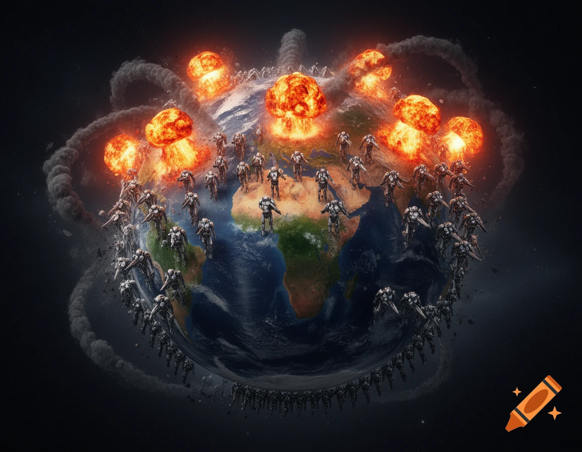 Photorealistic Earth in space with multiple atomic bomb explosions and armies of robots surrounding it.
