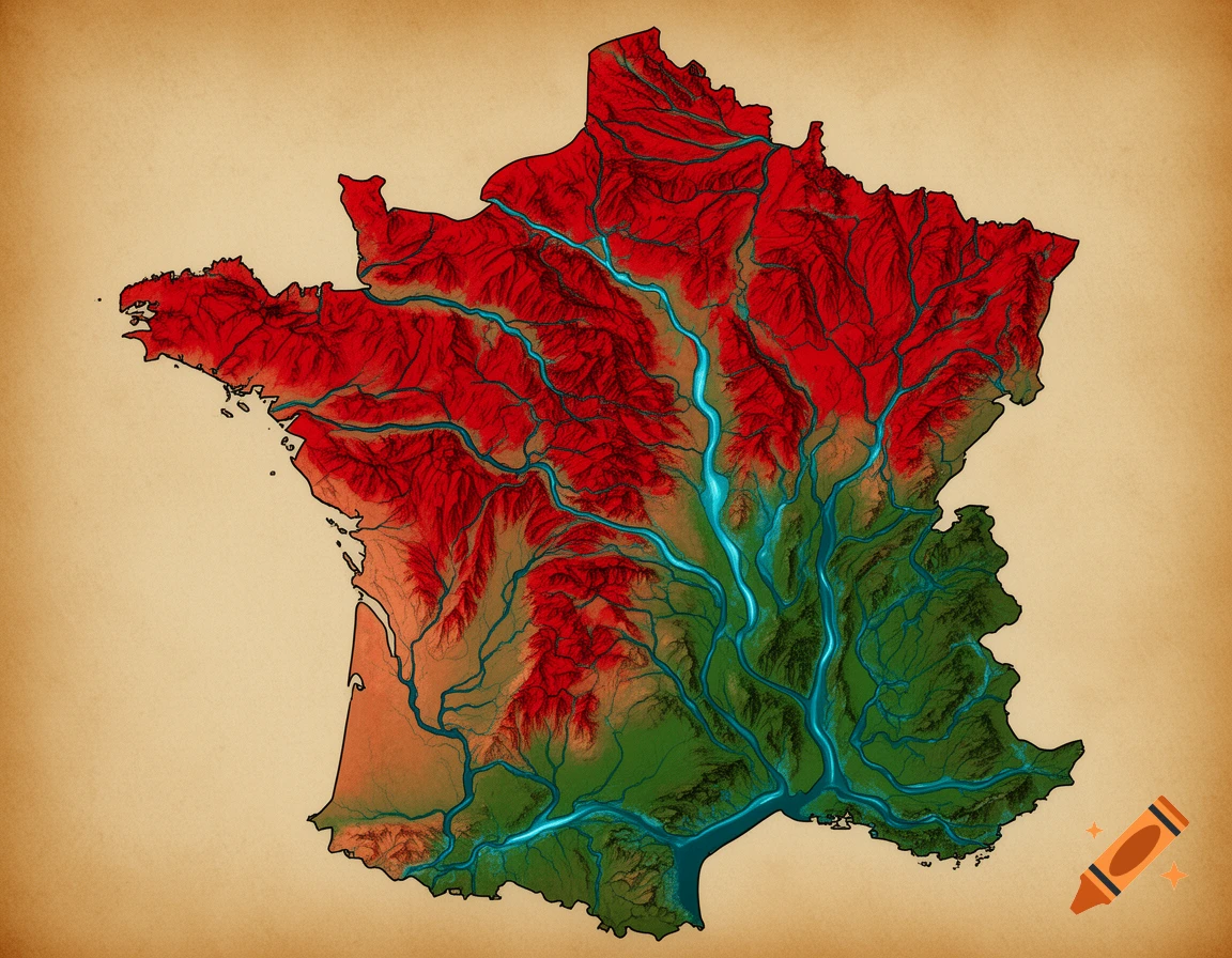 A colorful relief map of France with mountains in red and realistic blue rivers on a textured beige background.