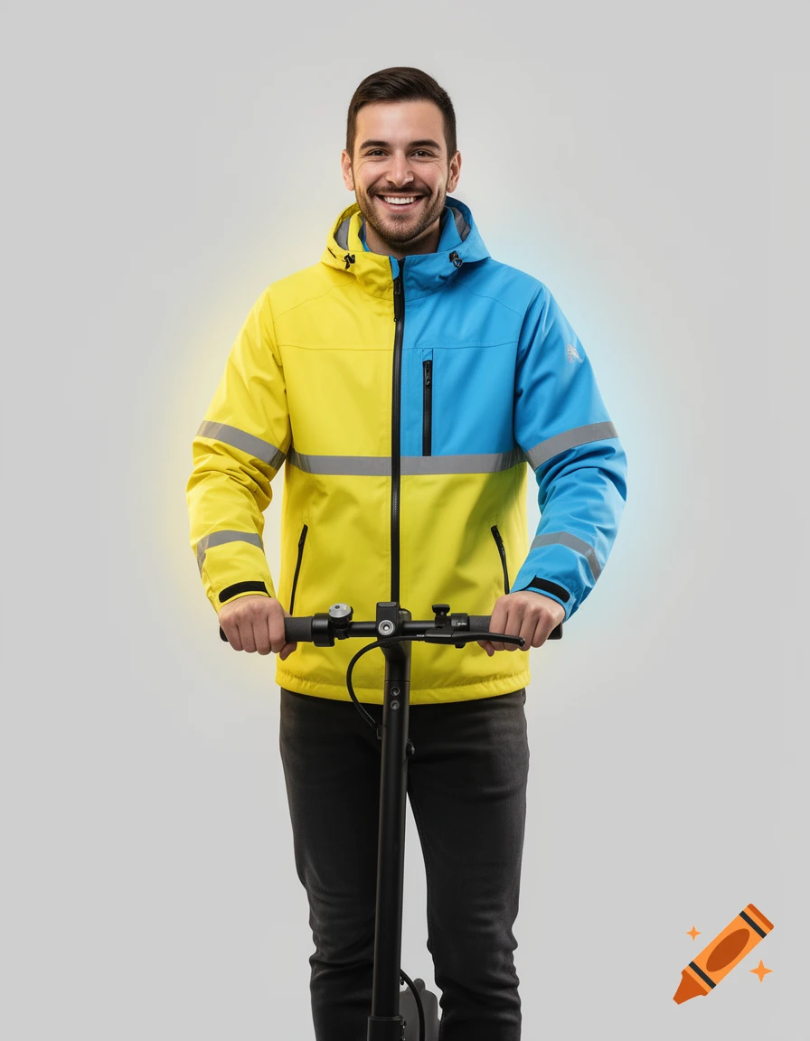 Smiling man in a yellow and blue jacket holding an electric scooter, standing against a light background.