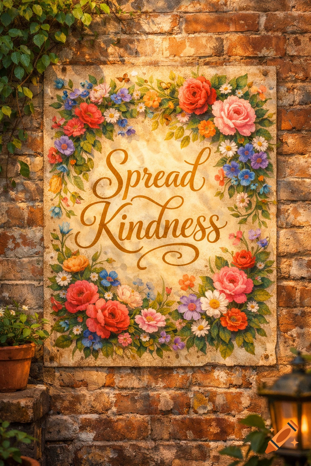 A floral-framed sign with 'Spread Kindness' text hangs on an ivy-covered brick wall, bathed in warm sunlight.