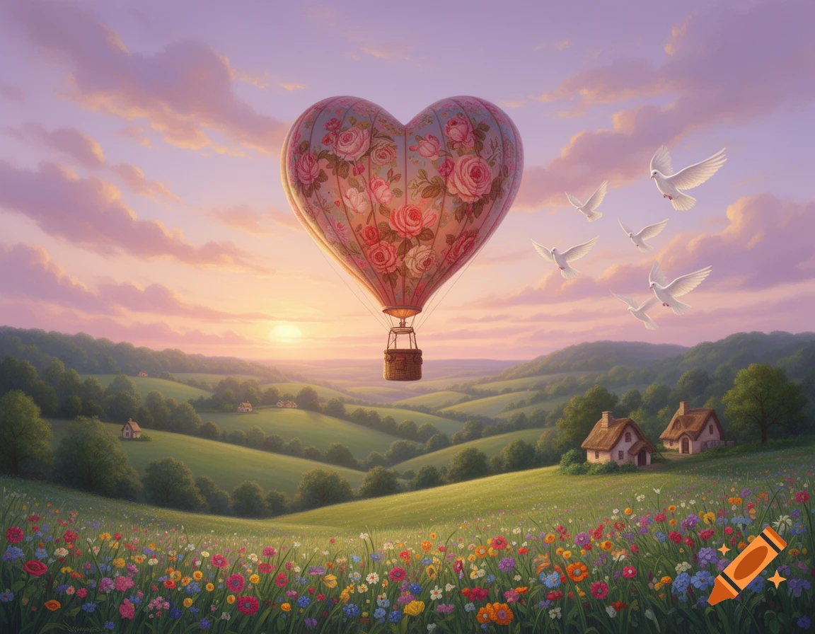 A floral heart-shaped hot air balloon floats above a colorful wildflower meadow, green hills, cottages, and white doves under a pastel sunset sky.