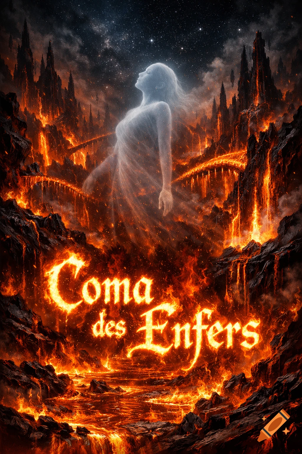 A glowing spectral figure floats above a fiery hellscape of lava rivers and jagged spires under a starry night sky. Text reads 'Coma des Enfers'.