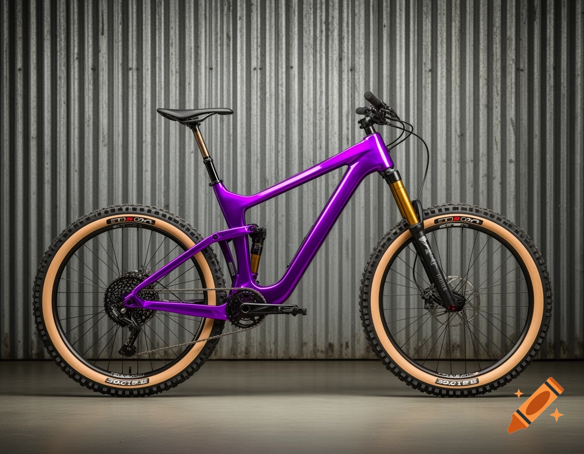 Photorealistic side view of a glossy metallic purple mountain bike with gold forks, tan-beige tires, against a corrugated metal wall.